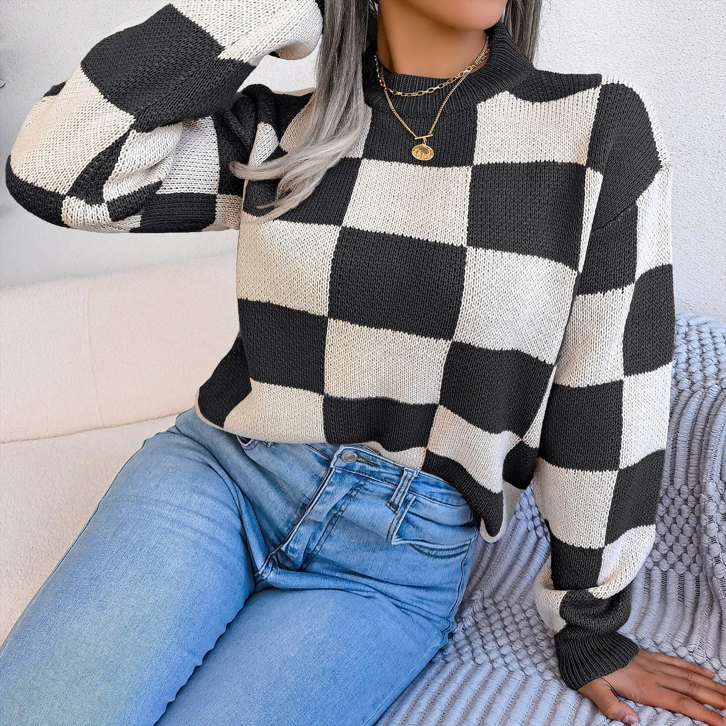 Violet - Checkered Knit Sweater